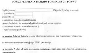 Wezwanie do uzupełnienia braków formalnych pozwu